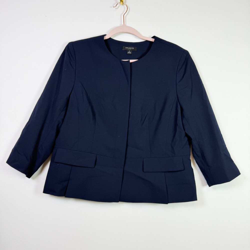 ANN TAYLOR Navy Blue Collarless Peplum Back Blazer 16P